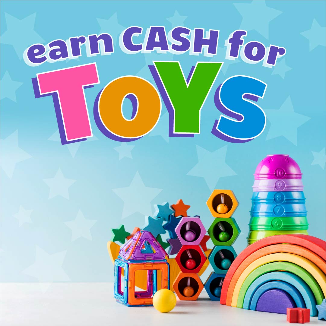 A collection of children's blocks and stacking toys sits in front of a blue starry background. Text along the top of the image says 